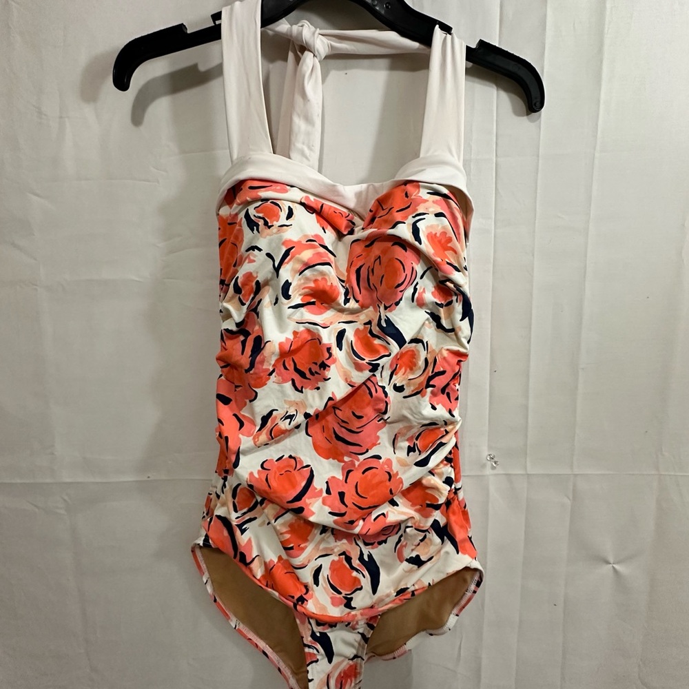 DE COLLECTION Womens Seaside Picnic One Piece Swimsuit in Orange Floral Small